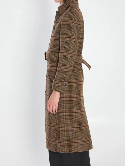 Saint Laurent Long Coat In Prince Of Wales Wool In Brown