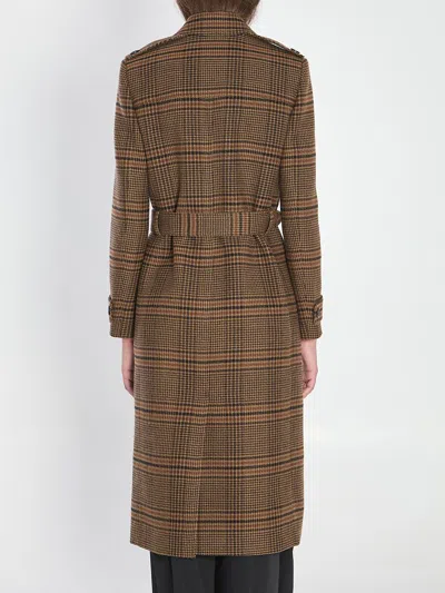 Saint Laurent Long Coat In Prince Of Wales Wool In Brown