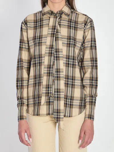 Saint Laurent Pussy-bow Checked Cotton-blend Shirt In Brown