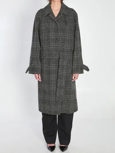 Balenciaga One Layer Checked Belted Coat In Gray