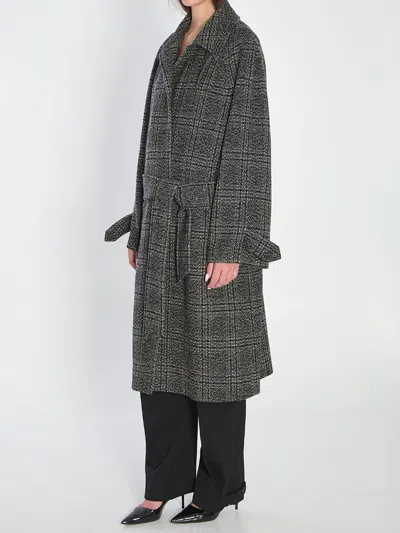 Balenciaga One Layer Checked Belted Coat In Gray