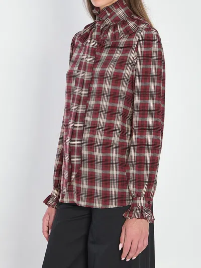Saint Laurent Poet Blouse In Plaid Silk In Burgundy
