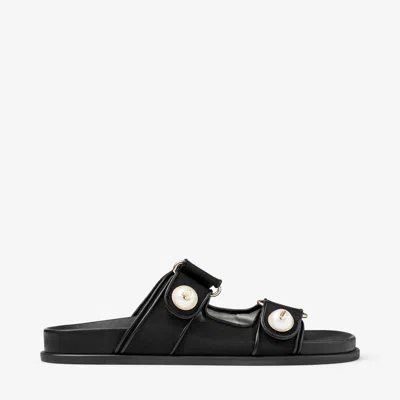 Jimmy Choo Fayence Leather-trimmed Faux Pearl-embellished Mesh Slides In Black