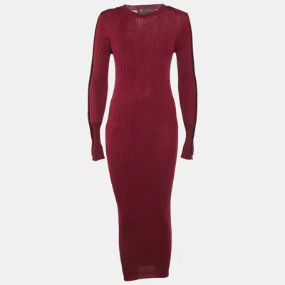 Pre-owned Versace Burgundy Wool Knit Button Detail Maxi Dress M