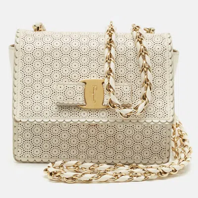 Pre-owned Ferragamo White Perforated Leather Mini Vara Ginny Shoulder Bag
