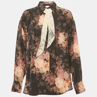 Pre-owned Zimmermann Black Floral Print Silk Neck Tie-up Button Front Blouse S