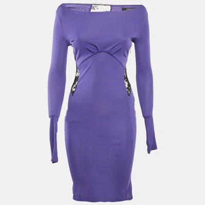 Pre-owned Roberto Cavalli Purple Crepe Lace Back Midi Dress S