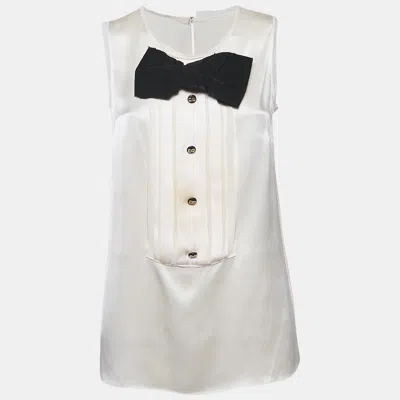 Pre-owned Dolce & Gabbana White Silk Satin Pintuck Detail Sleeveless Top M