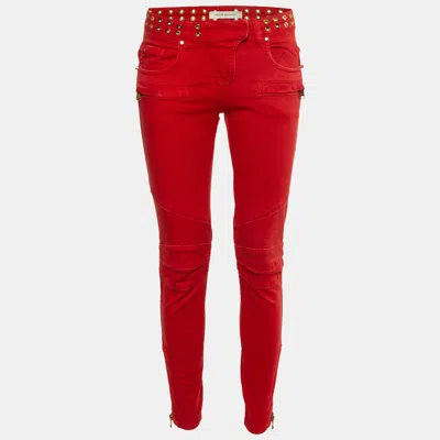 Pre-owned Pierre Balmain Red Denim Studded Slim Fit Jeans M/waist 29"