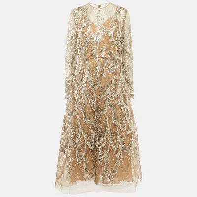 Pre-owned Elie Saab Green Heavy Embroidered Tulle Gown L