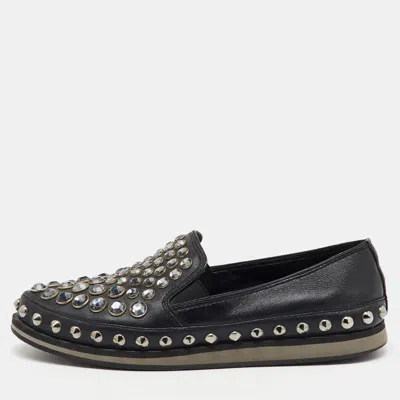 Pre-owned Prada Black Leather Crystal Studded Slip On Loafers Size 37.5