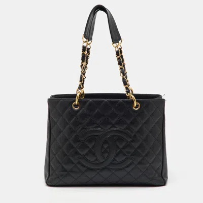 Pre-owned Chanel Black Quilted Caviar Leather Grand Gst Shopper Tote Bag