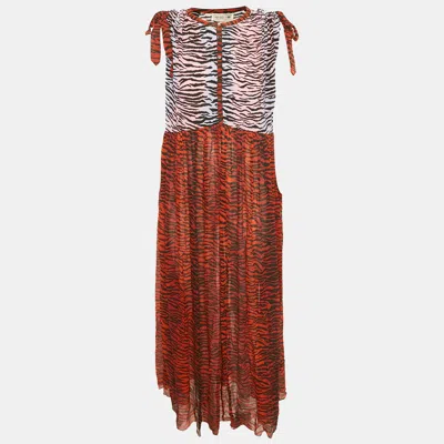 Pre-owned Kenzo Burgundy Animal Printed Silk Chiffon Paneled Oversized Maxi Dress S
