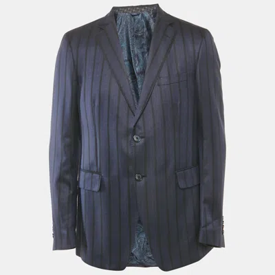 Pre-owned Etro Blue Striped Silk Blend Single Breasted Blazer Xl