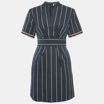 Pre-owned Sandro Navy Blue Striped Cotton & Linen Pleated Detail Mini Dress S