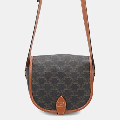 Pre-owned Celine Triomphe Falco Medium Tan Pvc And Leather Shoulder Bag In Brown