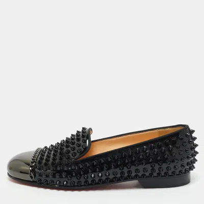 Pre-owned Christian Louboutin Black Patent Leather Glitz Spikes Smoking Slippers Size 38