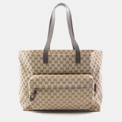 Pre-owned Gucci Gg Large Beige/brown Canvas Leather Tote In Sand