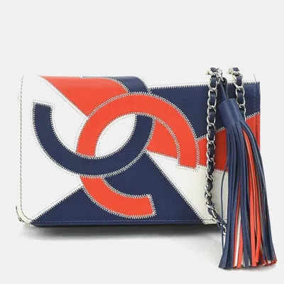 Pre-owned Chanel Wallet Chain Purse Shoulder Bag Leather Navy Off-white Red Silver