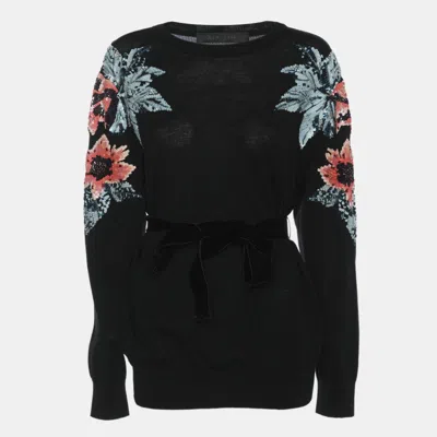 Pre-owned Elie Saab Black Wool Knot Floral Embellished Sweater Xs
