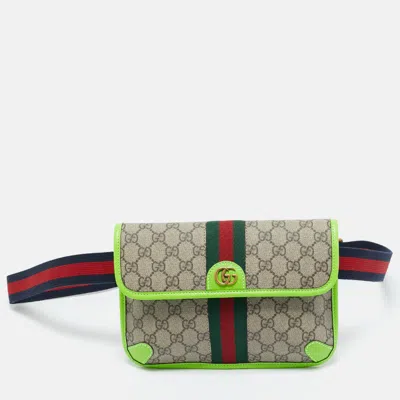 Pre-owned Gucci Neon Green/beige Gg Supreme Canvas Small Ophidia Belt Bag