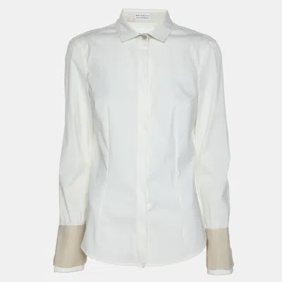 Pre-owned Brunello Cucinelli Off White Jersey Silk Embellished Button Front Shirt Xs
