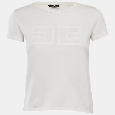 Pre-owned Elisabetta Franchi White Logo Embroidered Jersey T-shirt S