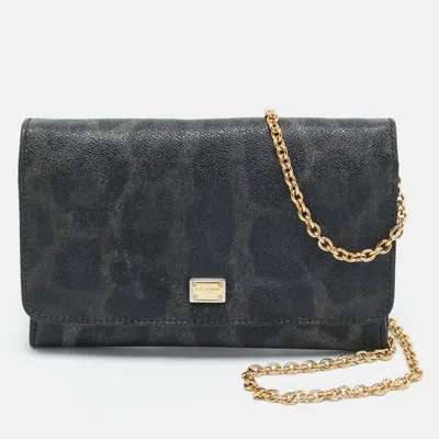 Pre-owned Dolce & Gabbana Black/grey Leopard Print Coated Canvas Nina Chain Clutch