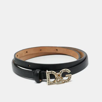 Pre-owned Dolce & Gabbana Black Leather Dg Crystals Waist Belt 75cm