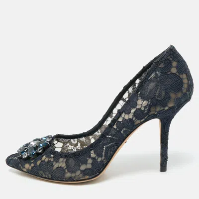 Pre-owned Dolce & Gabbana Navy Blue Lace And Mesh Bellucci Pumps Size 40