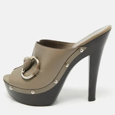 Pre-owned Gucci Grey Leather Icon Bit Platform Clogs Size 40.5 In Gray