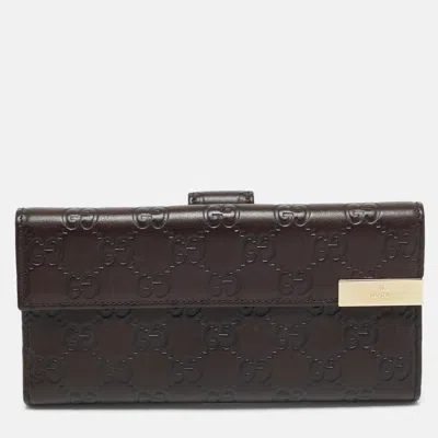 Pre-owned Gucci Ssima Leather Metal Flap Continental Wallet