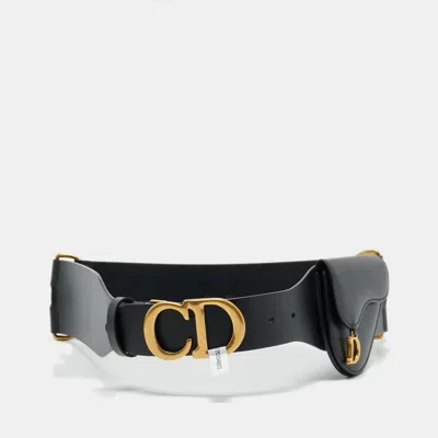 Pre-owned Dior Black Leather Saddle Pouch Waist Belt 85cm