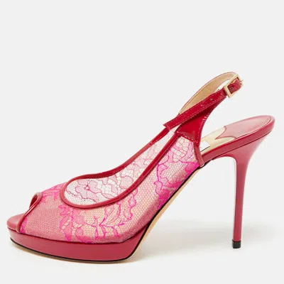 Pre-owned Jimmy Choo Pink/burgundy Patent And Lace Nova Slingback Sandals Size 36