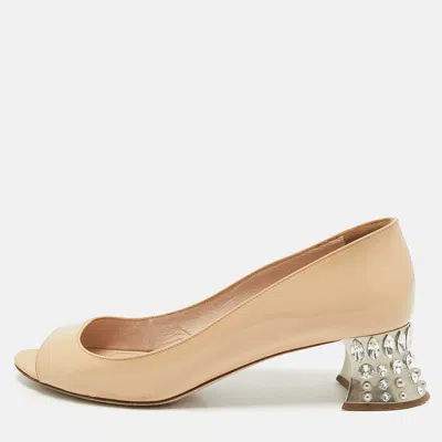 Pre-owned Miu Miu Beige Patent Leather Crystal Embellished Peep Toe Pumps Size 39.5