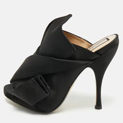 Pre-owned N°21 Nº21 Black Satin Raso Knot Peep Toe Mules Size 36.5