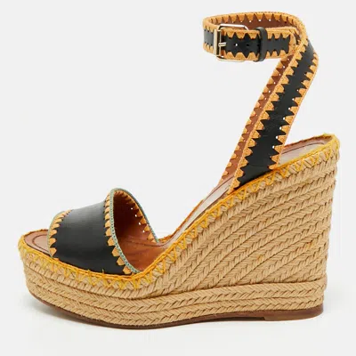 Pre-owned Valentino Garavani Navy Blue Leather Esapadrille Wedge Sandals Size 36