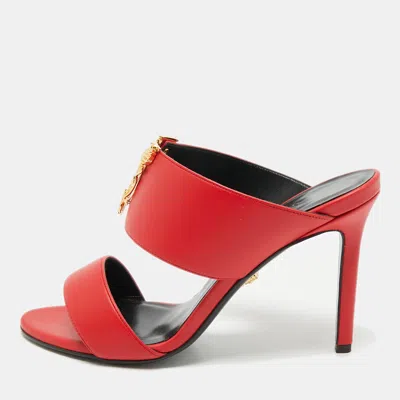 Pre-owned Versace Red Leather And Metal Medusa Slide Sandals Size 37