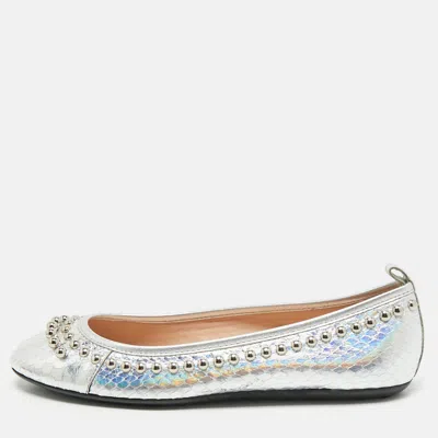 Pre-owned Tod's Silver Python Embossed Leather Studded Ballet Flats Size 35.5