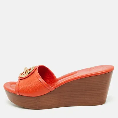 Pre-owned Tory Burch Orange Leather Patty Wedge Slide Sandals Size 38.5