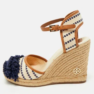 Pre-owned Tory Burch Multicolor Canvas And Leather Trim Wedge Espadrille Sandals Size 38
