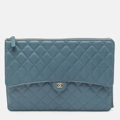 Pre-owned Chanel Blue Quilted Caviar Leather Classic Cc Flap Zip Pouch Clutch