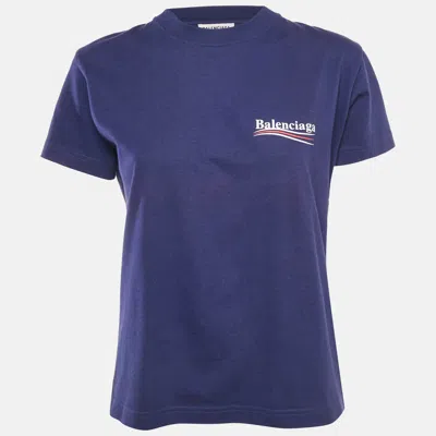 Pre-owned Balenciaga Dark Blue Cotton Logo Print Crew Neck T-shirt L