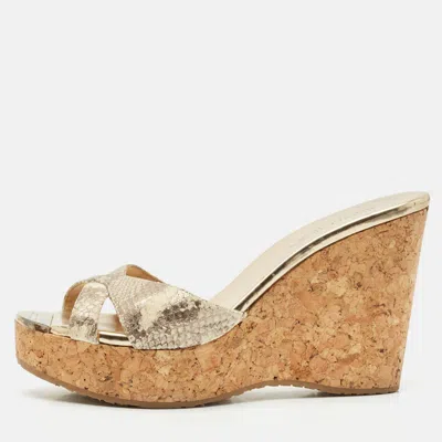 Pre-owned Jimmy Choo Metallic Gold Python Embossed Leather Prima Cork Platform Wedge Sandals Size 38