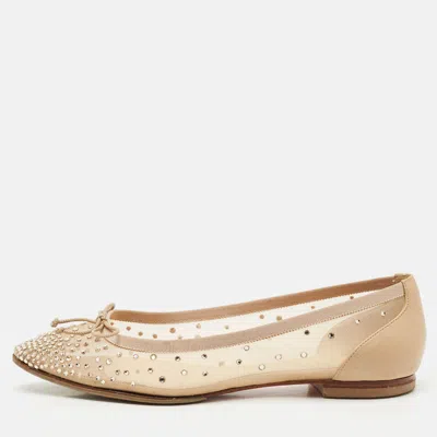 Pre-owned Christian Louboutin Beige Leather And Mesh Ballet Flats Size 38
