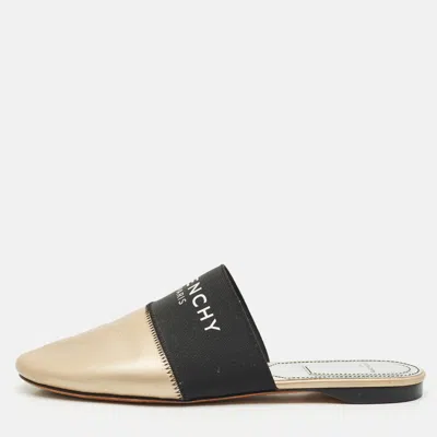 Pre-owned Givenchy Gold/black Leather And Stretch Band Bedford Flat Mules Size 37
