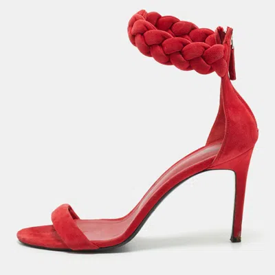 Pre-owned Oscar De La Renta Red Suede Braided Ankle Strap Sandals Size 41