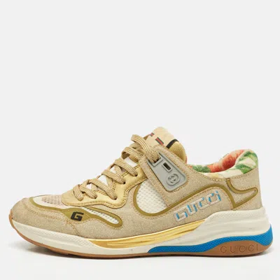 Pre-owned Gucci Gold/white Mesh Glitter And Leather Ultrapace Low Top Sneakers Size 37.5