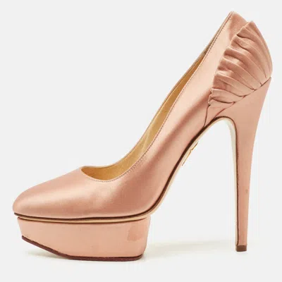 Pre-owned Charlotte Olympia Gold Satin Paloma Fan Pleat Platform Pumps Size 40 In Sand