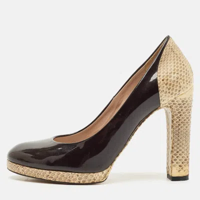 Pre-owned Chloé Black/beige Patent Leather And Snakeskin Round Toe Pumps Size 36